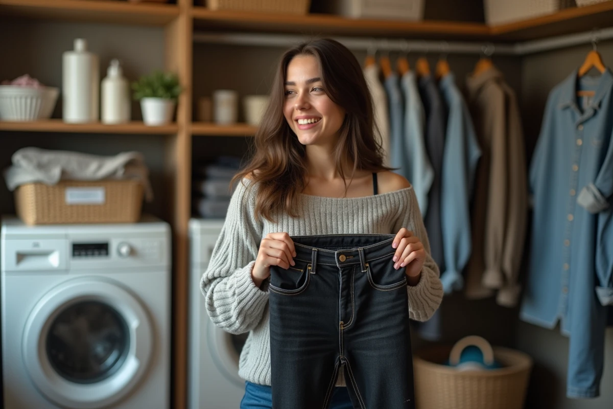 Jeune femme pliant un jean dans une laverie domestique