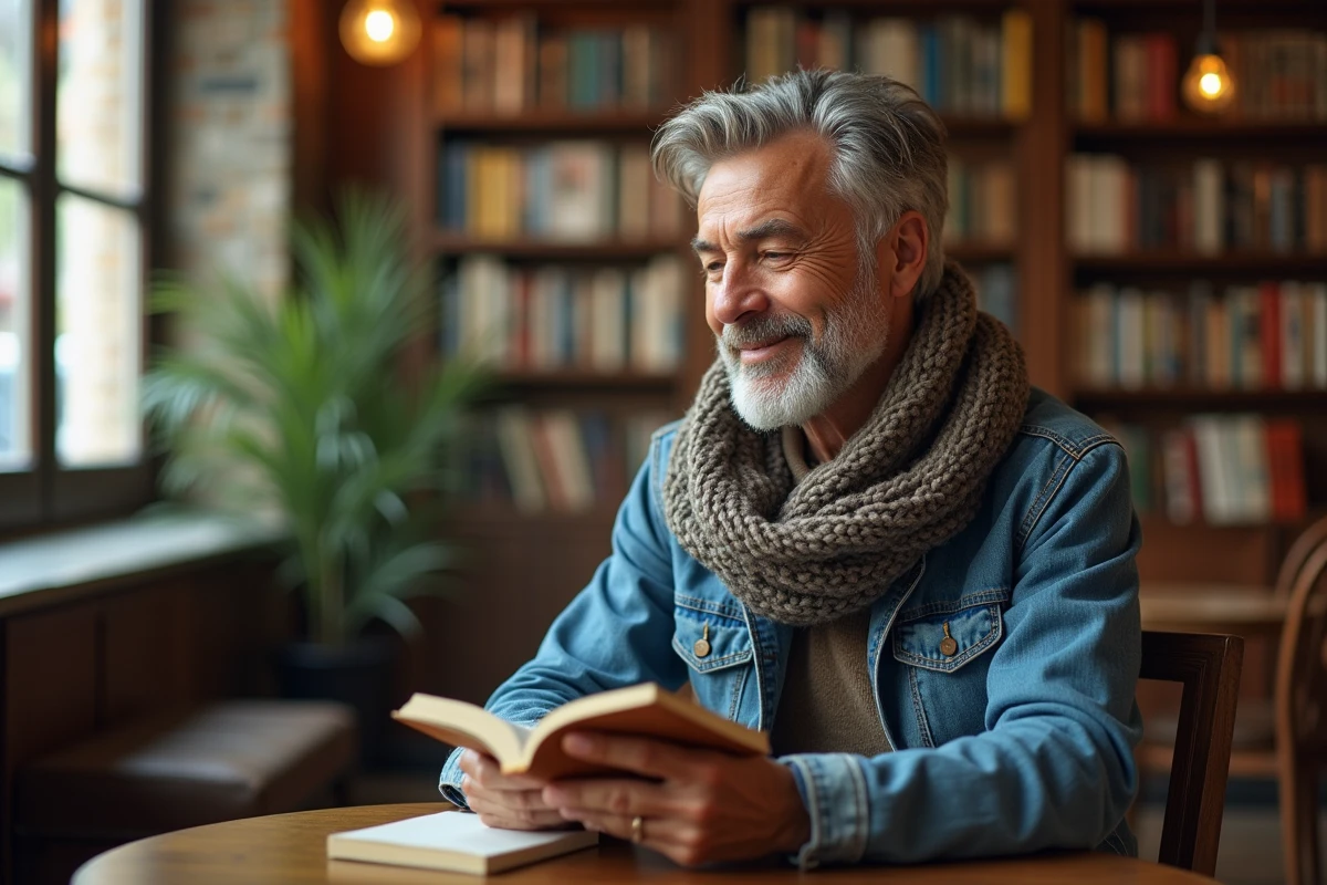 Femme mature lisant dans un café librairie ensoleille