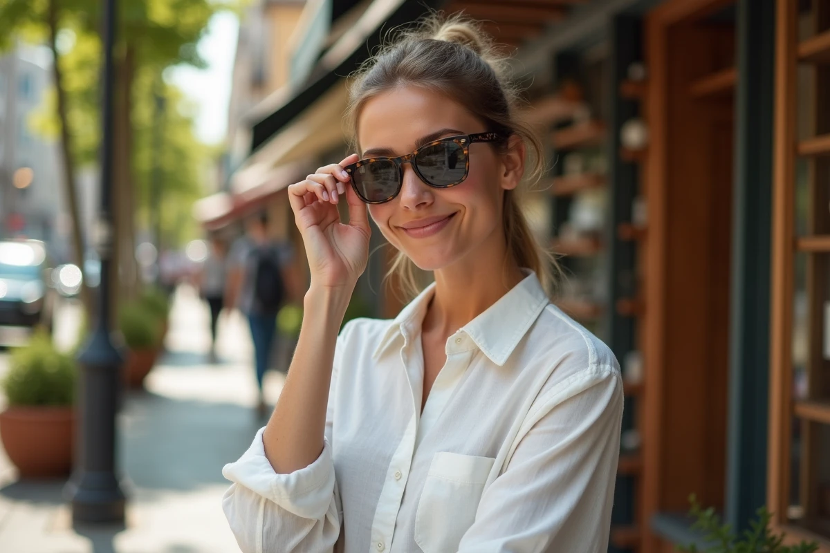 Femme essayant des lunettes de soleil devant une boutique en plein air