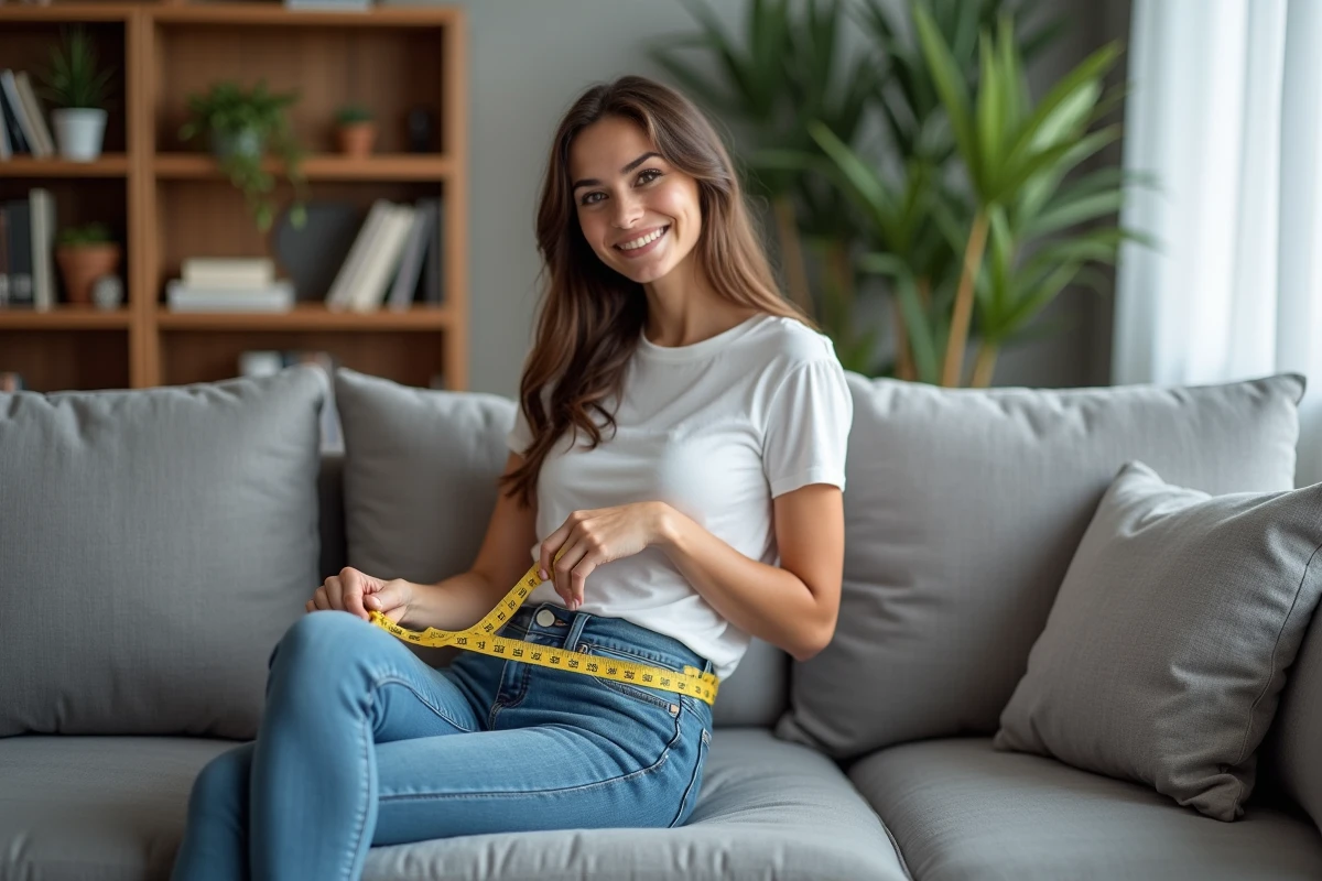 Jeune femme mesurant sa cuisse dans un salon cosy