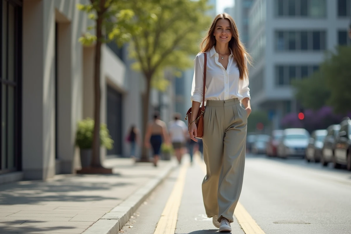 Femme élégante en pantalon large dans la ville