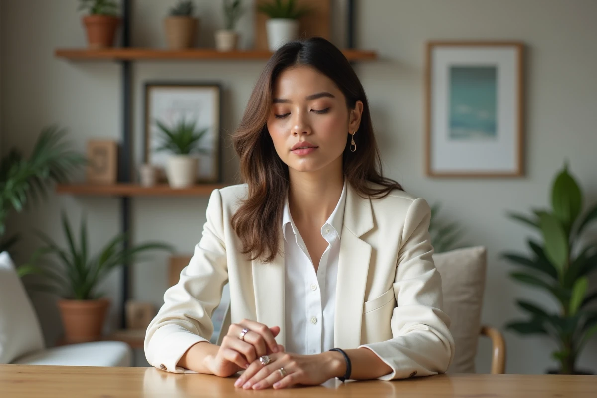Jeune femme élégante examine ses bagues dans un intérieur lumineux