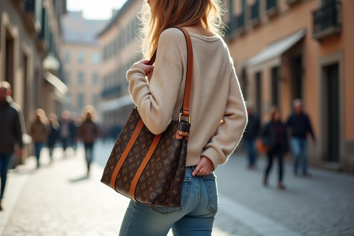Femme décontractée avec sac à la mode dans une ville européenne