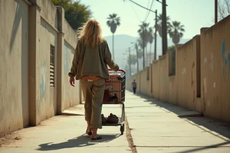 Femme sans abri poussant un caddie dans les rues de Los Angeles, illustration de la vie dans la rue
