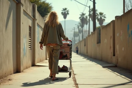 Femme sans abri poussant un caddie dans les rues de Los Angeles, illustration de la vie dans la rue