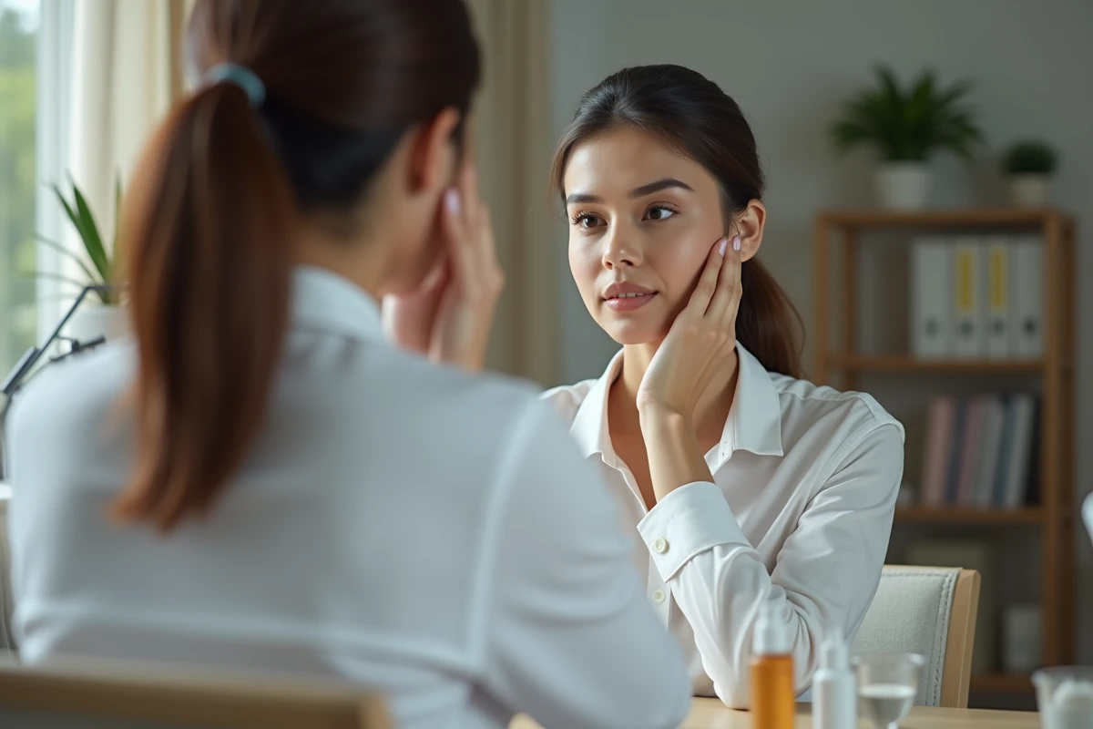 Femme regardant son visage dans un miroir au bureau