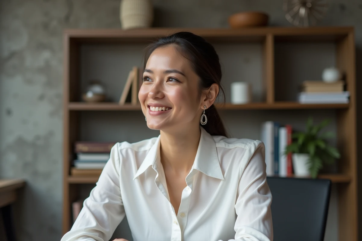 Femme souriante en bureau moderne avec murs en béton