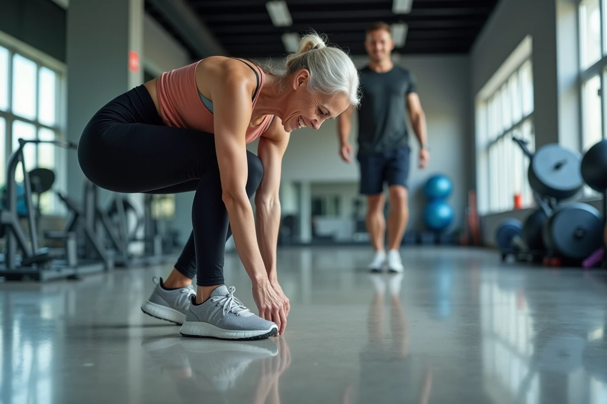 Femme sportive dans une salle de sport ajuste sa chaussure en souriant