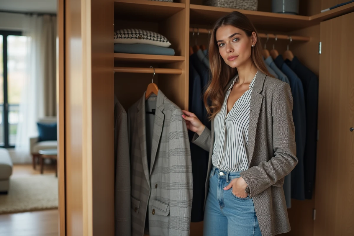 Femme élégante choisissant un blazer dans une chambre moderne