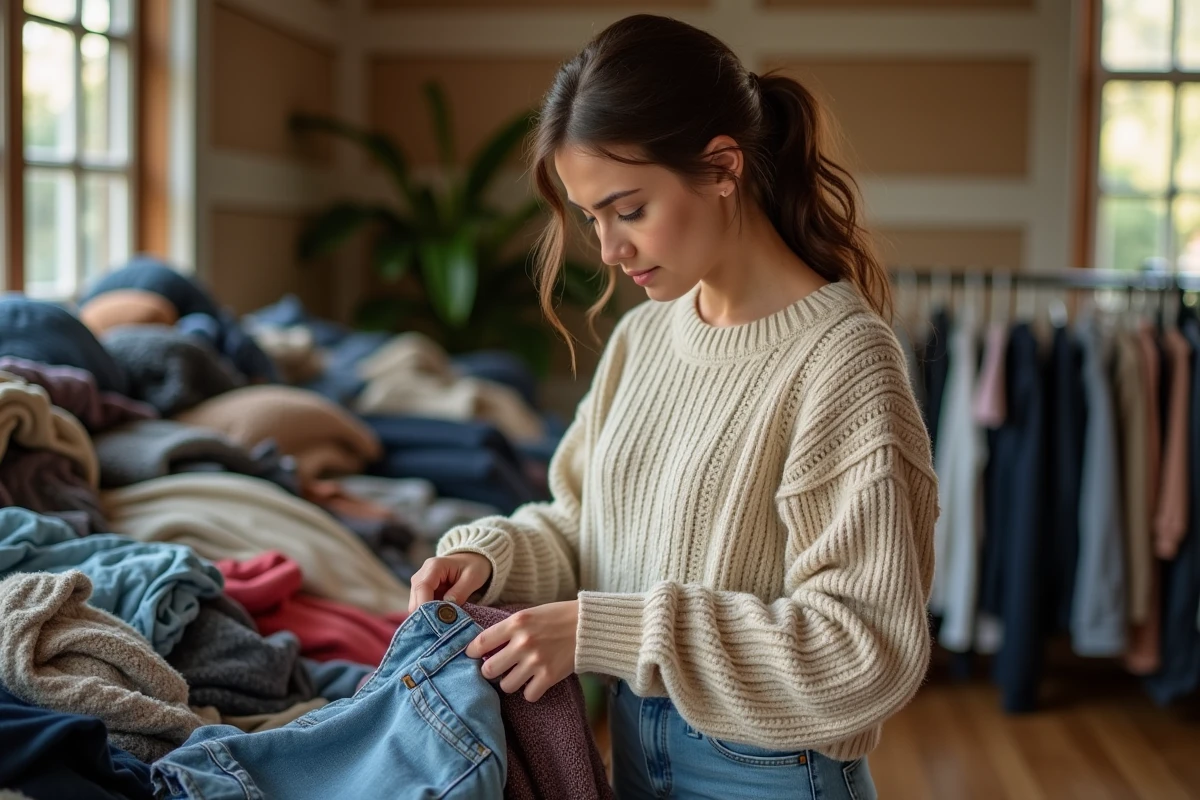 Femme en pull tricoté et jean triant des vêtements d'occasion