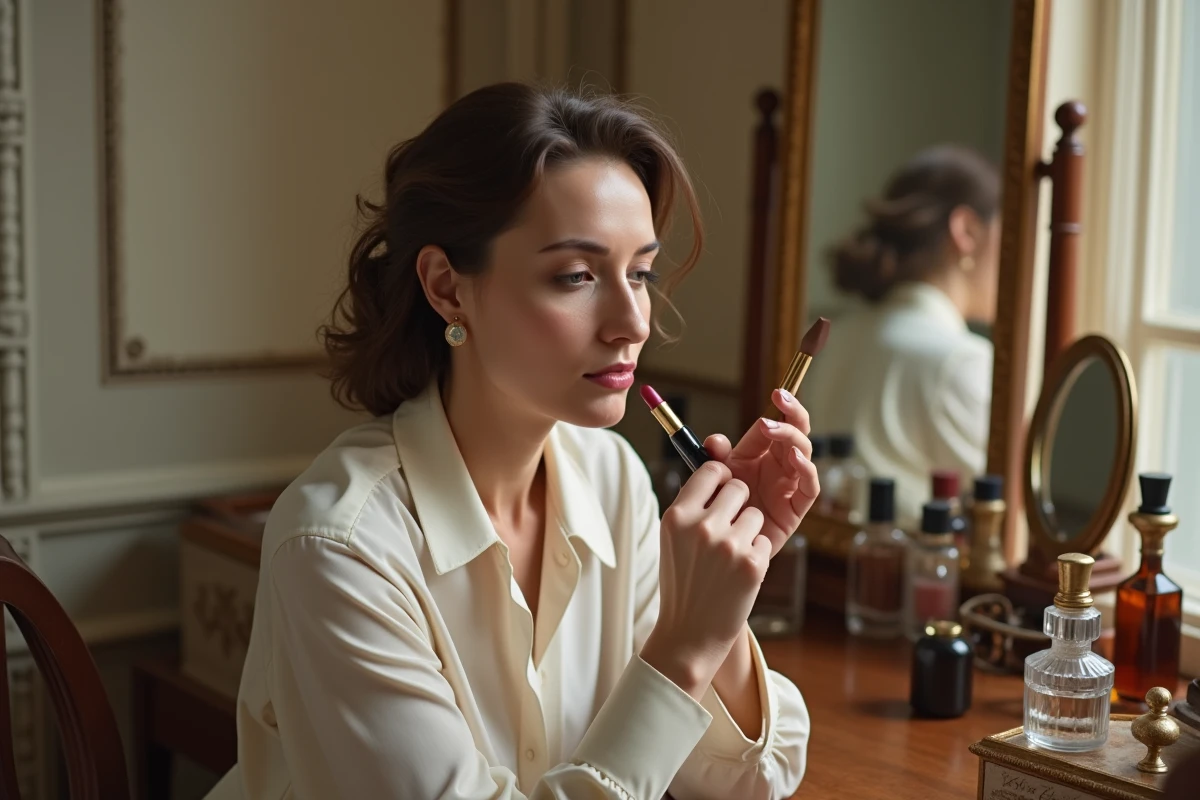 Femme française appliquant un rouge à lèvres vintage