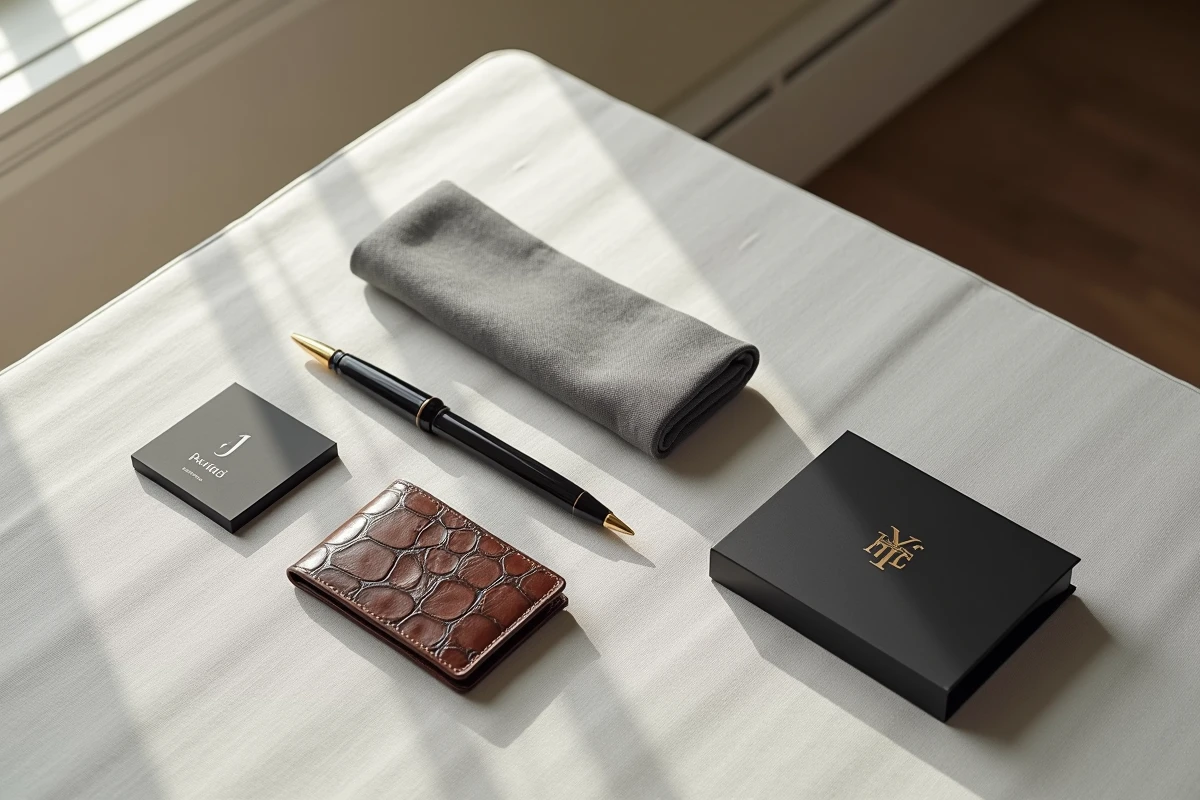 Flat lay d'accessoires de luxe discrets incluant porte-cartes en alligator, carré de soie et stylo plume sur lin gris