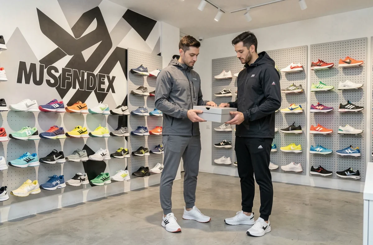 Intérieur moderne de la boutique Footpatrol Paris avec un mur d'exposition de sneakers techniques et un vendeur aidant un client