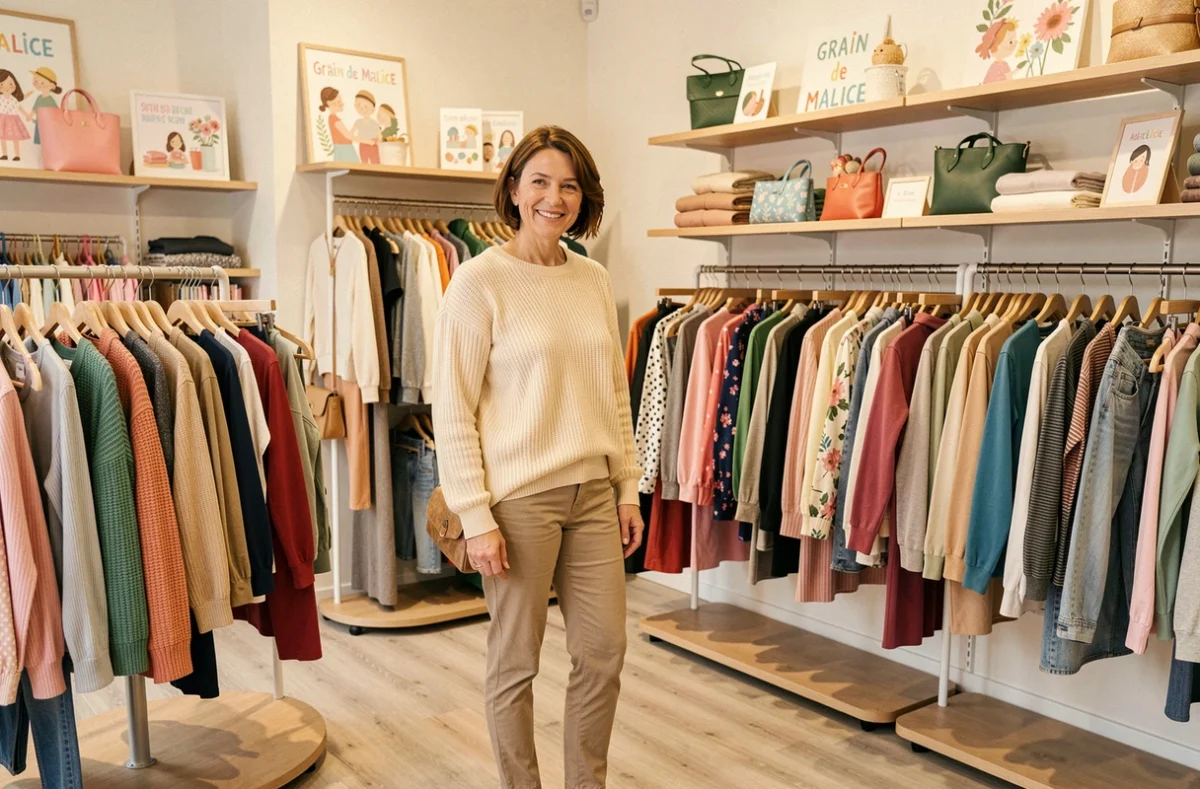 Femme souriante parcourant les rayons inclusifs d'une boutique Grain de Malice au Mans