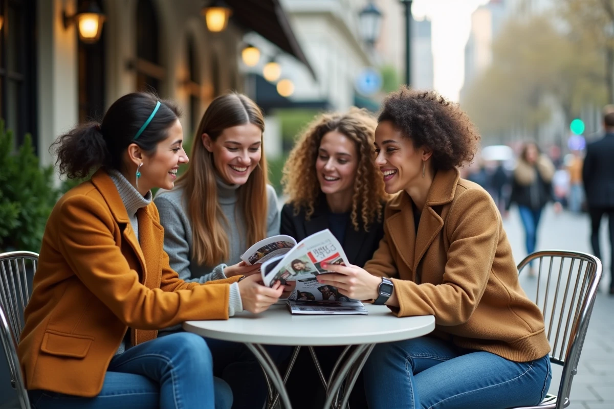 Groupe de jeunes discutant autour d un café en ville
