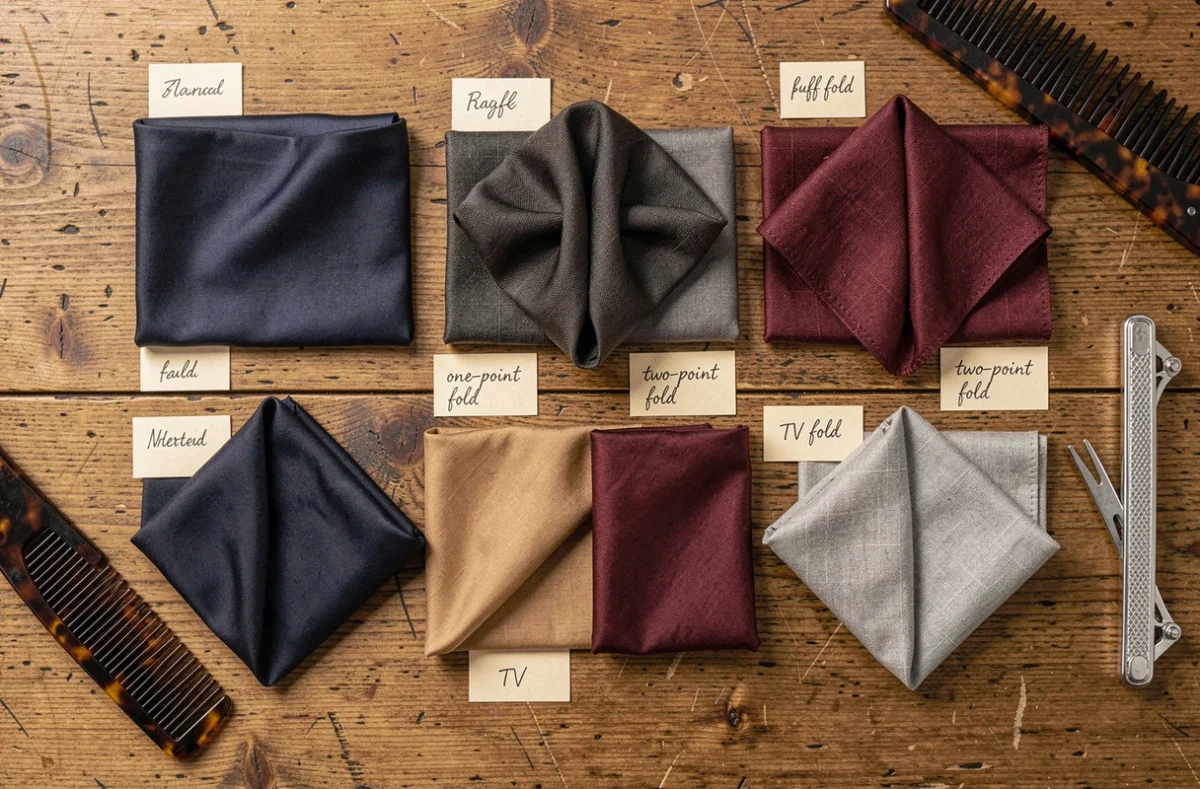 Cinq styles de pliage de pochette costume disposés en flat lay sur table en bois, guide visuel des formes de pochette pour chaque occasion