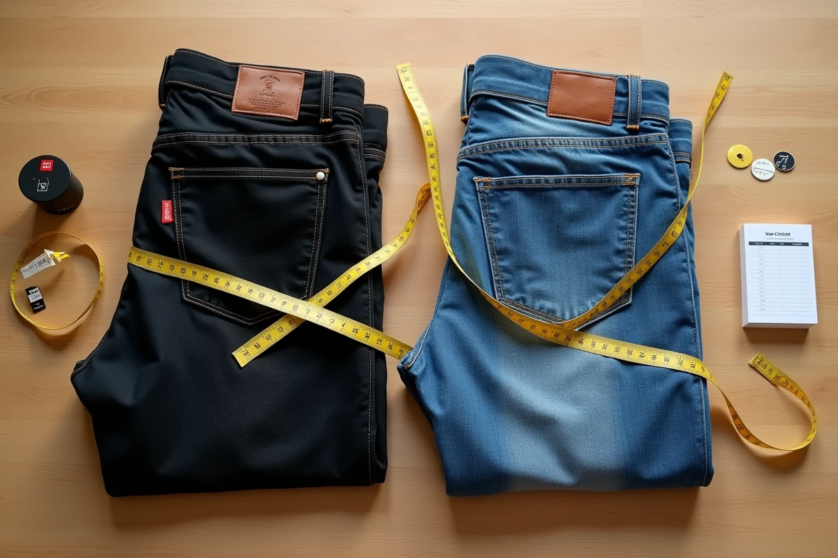 Comparaison de deux jeans Uniqlo pliés avec un mètre ruban et un tableau de tailles, vue de dessus
