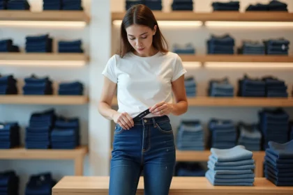 Femme en jean slim Uniqlo indigo en magasin, examinant l'étiquette de taille sur le bord de la ceinture
