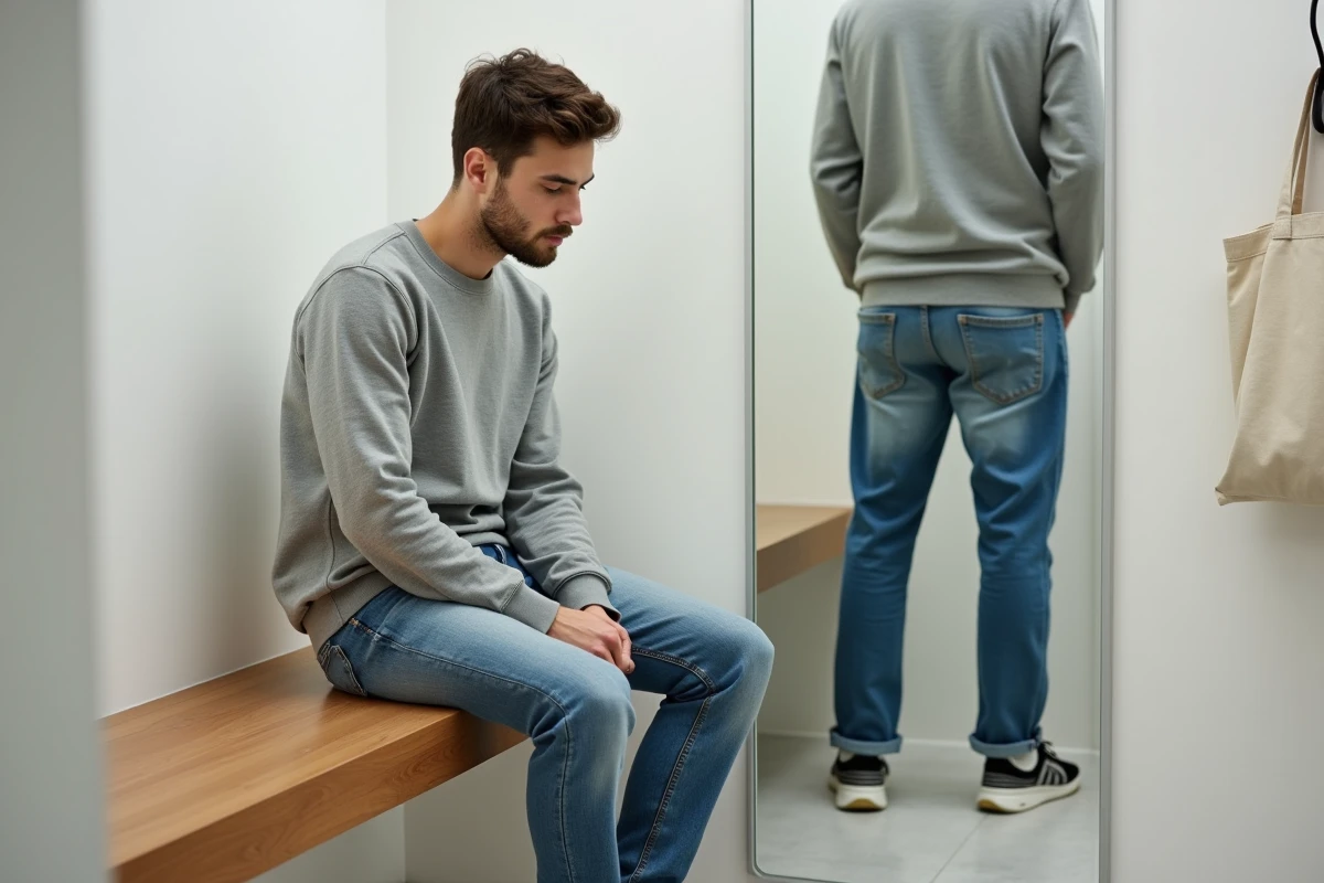 Homme essayant un jean coupe droite Uniqlo en cabine d'essayage, vérifiant la longueur et l'ajustement