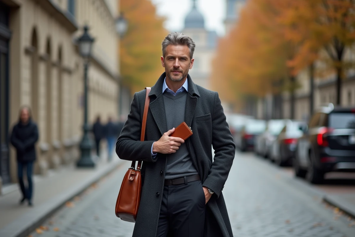 Homme d'affaires en manteau charcoal glissant un portefeuille en cuir cognac personnalisé dans sa poche intérieure dans une rue européenne
