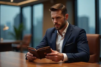 Homme d'affaires en costume navy tenant un portefeuille en cuir personnalisé avec initiales gravées dans un bureau moderne