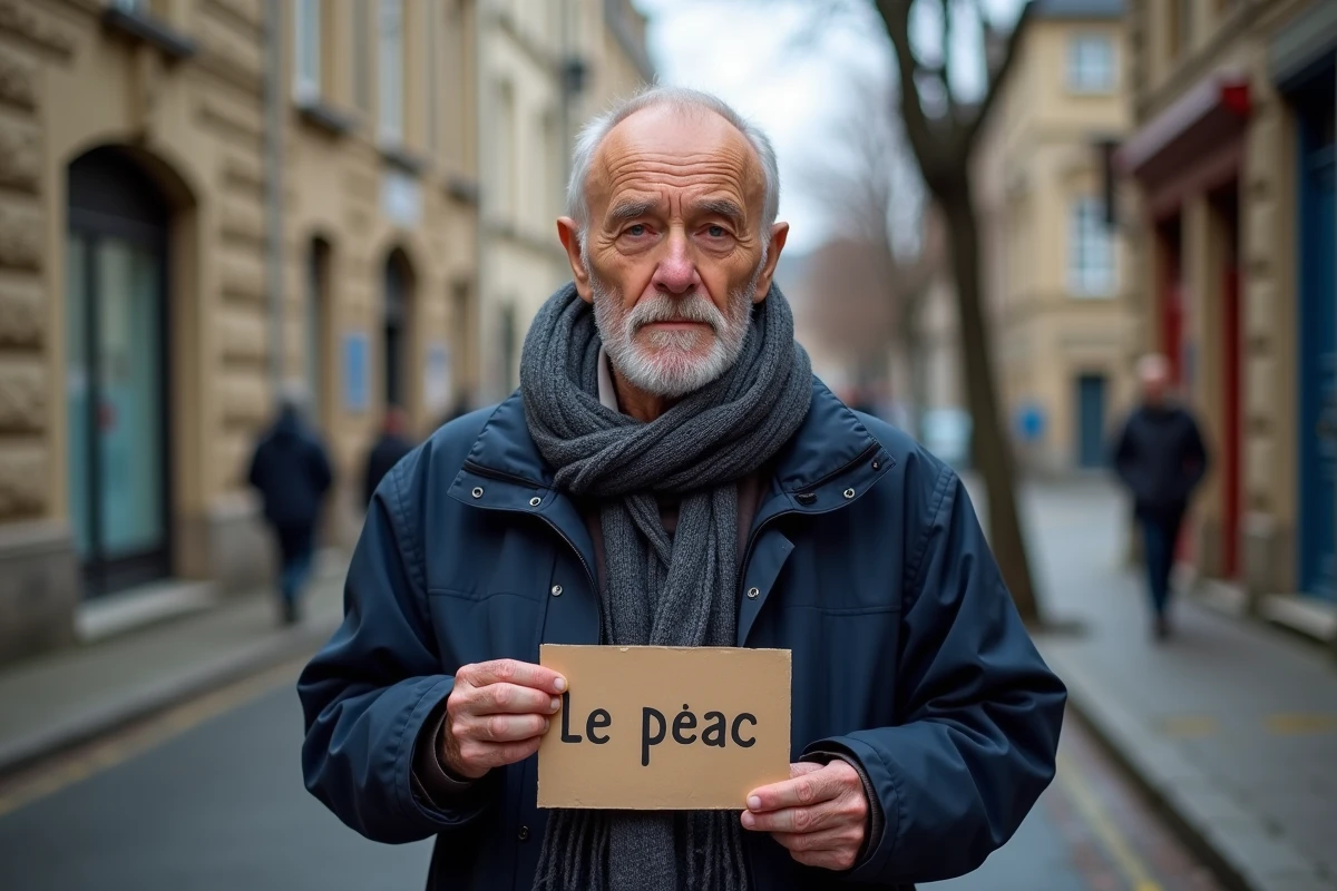 Homme âgé tenant un panneau peace dans la rue urbaine