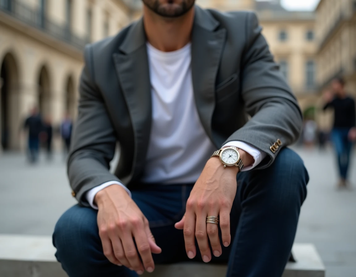 Homme élégant en veste grise portant une bague Cartier Love en or blanc en ville, style éditorial moderne et raffiné