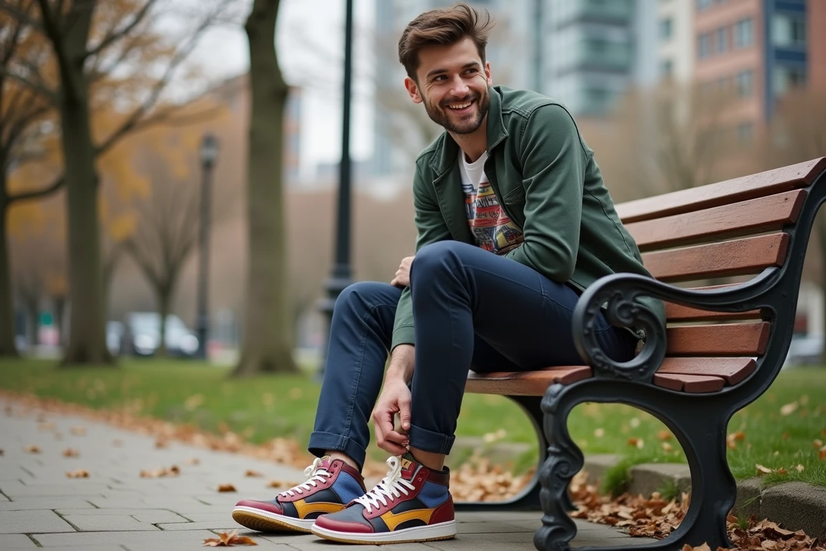Jeune homme attachant ses sneakers dans un parc urbain