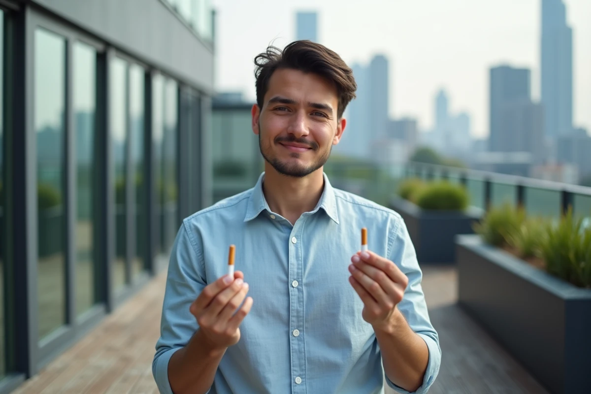 Jeune homme comparant deux cigarettes Vogue sur une terrasse urbaine, aide visuelle pour choisir entre les variantes bleue et mentholée