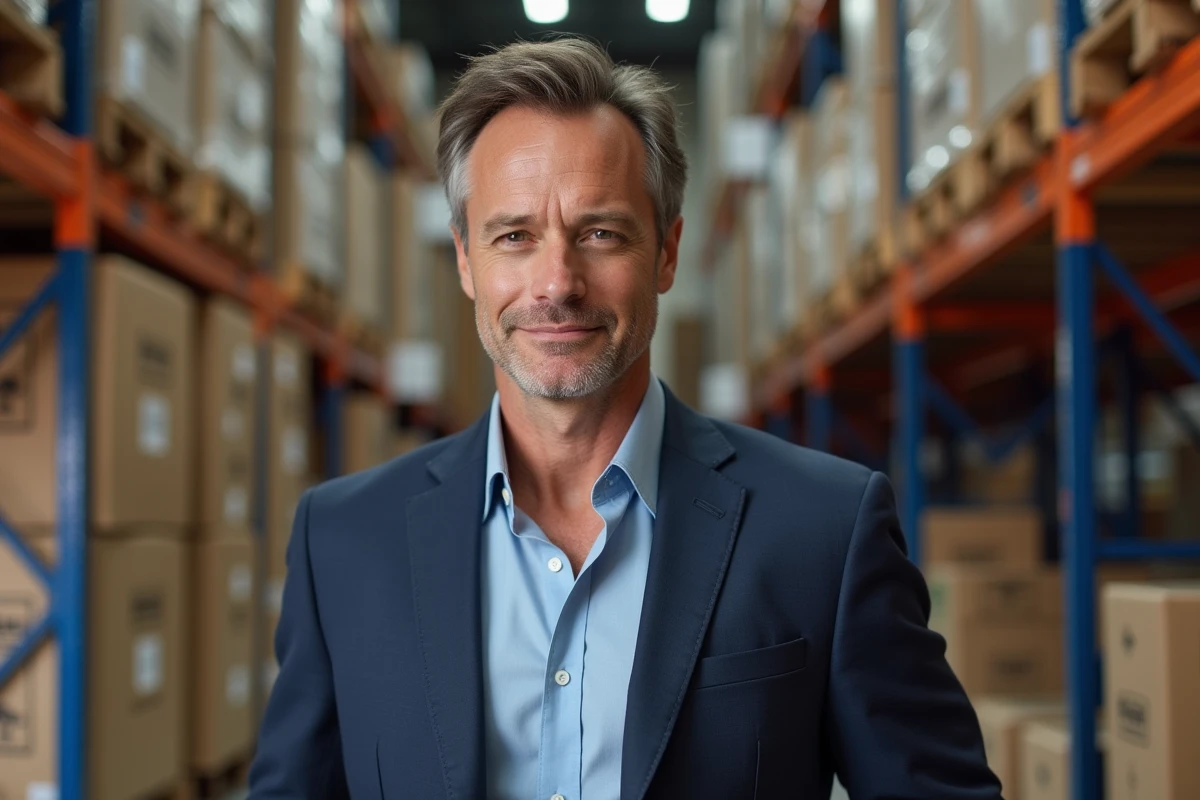 Homme confiant en entrepôt moderne avec boîtes
