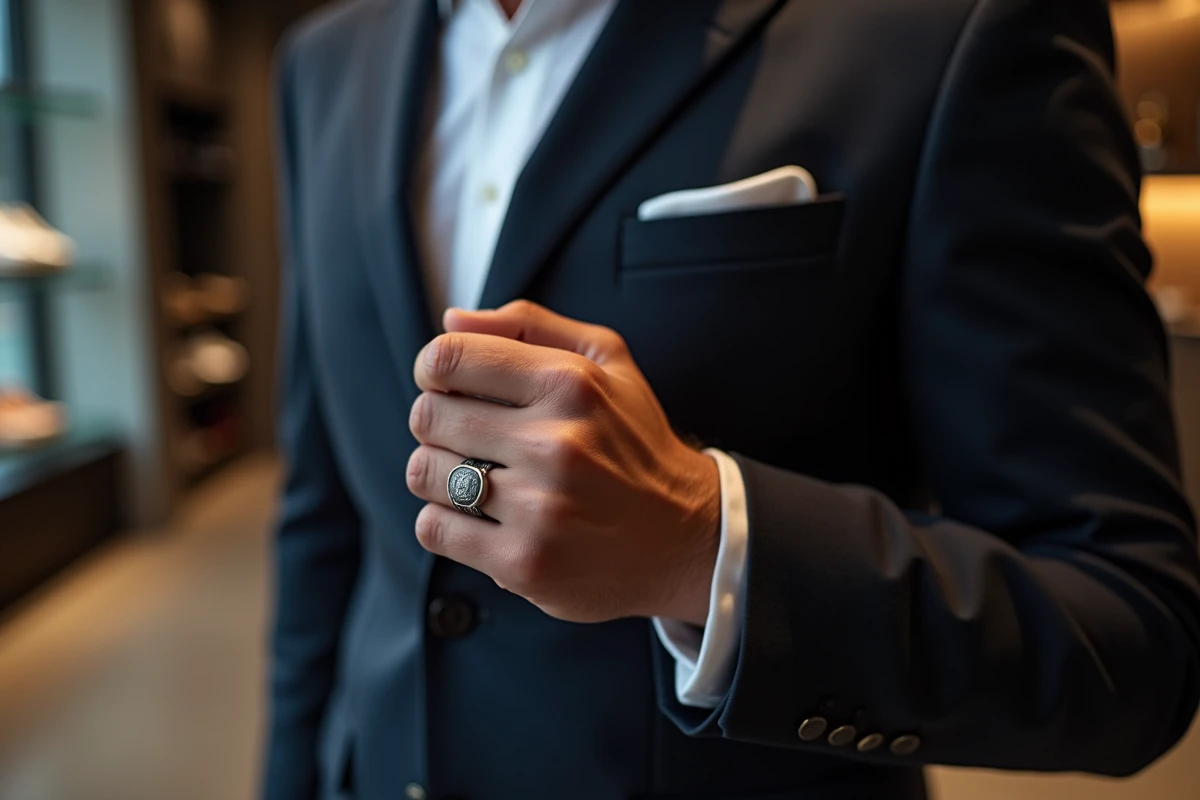 Homme en costume marine portant une chevalière argent gravée dans une boutique de mode masculine