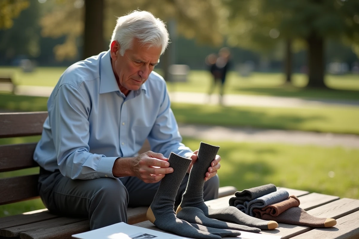 Homme examine différents types de chaussettes en plein air