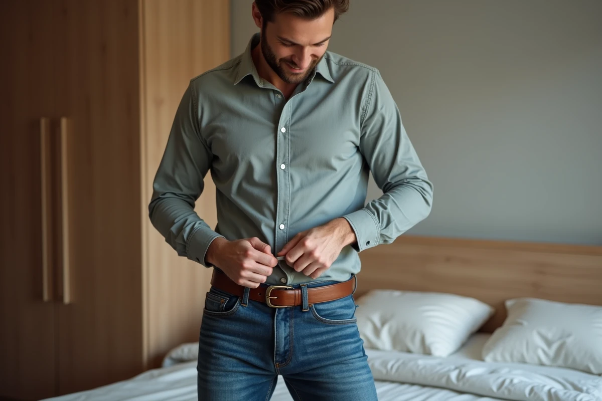 Homme en jean et chemise ajustée dans une chambre moderne