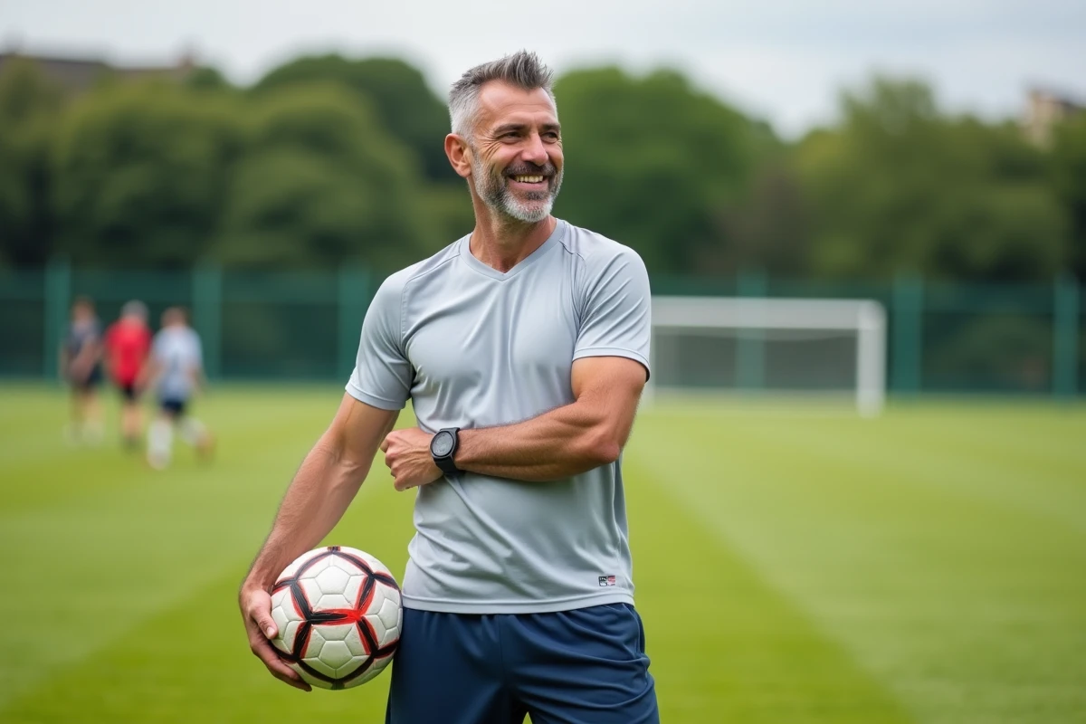 Homme d'âge moyen souriant avec ballon de football en extérieur