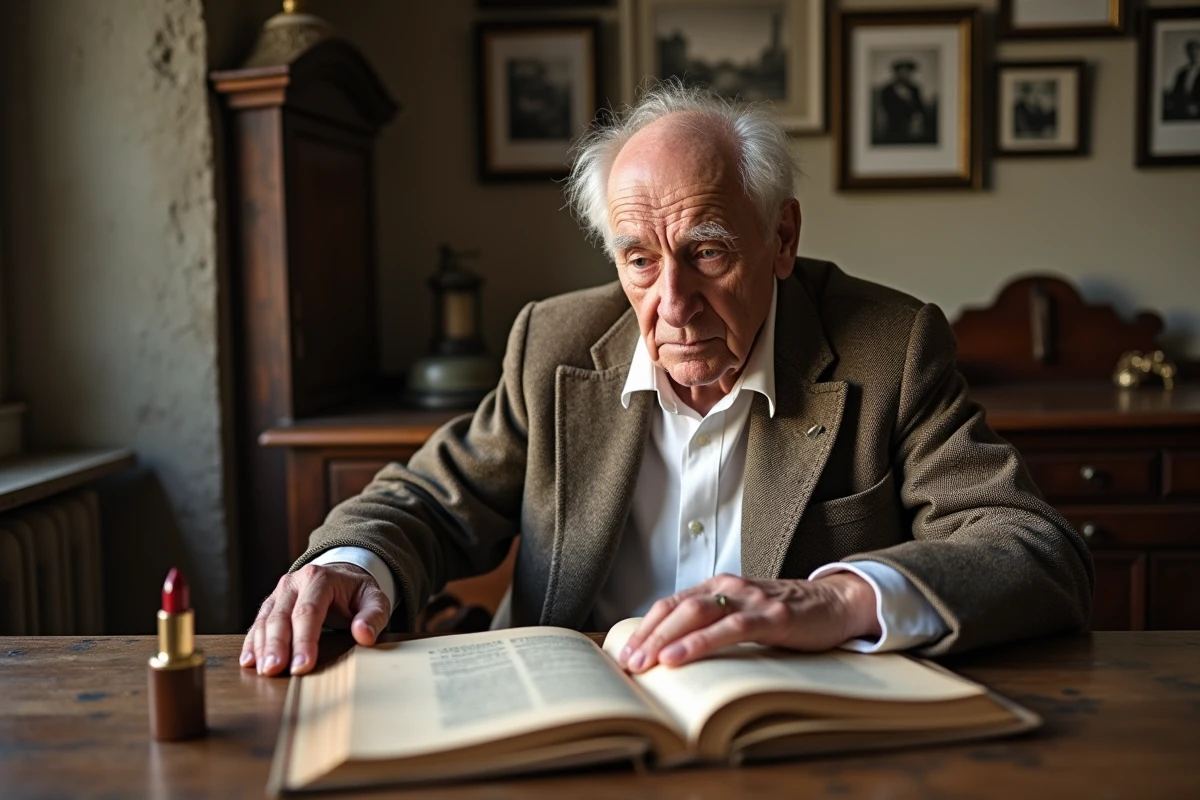 Homme âgé lisant un livre ancien sur le lipstick