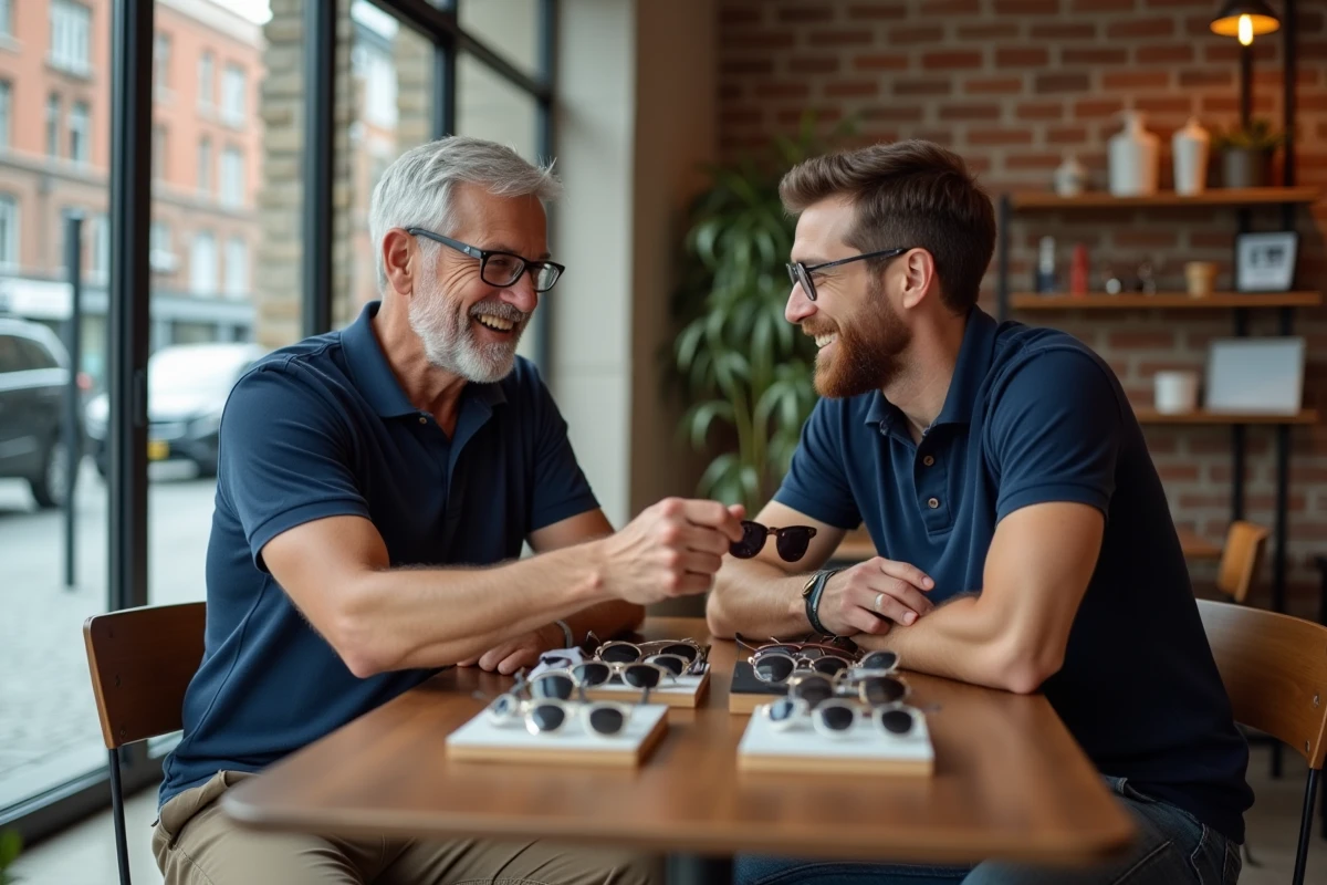Homme discutant avec un vendeur de lunettes dans un café moderne