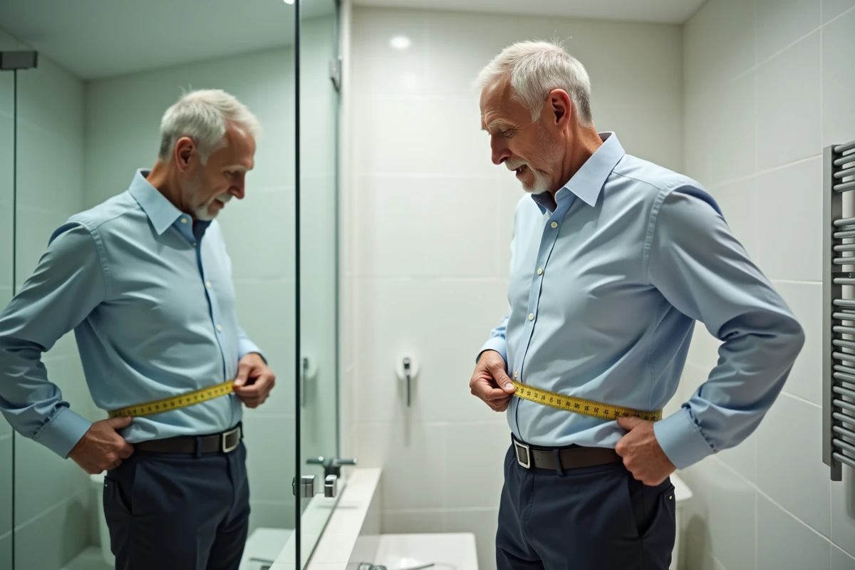 Homme plus âgé mesurant sa taille dans la salle de bain