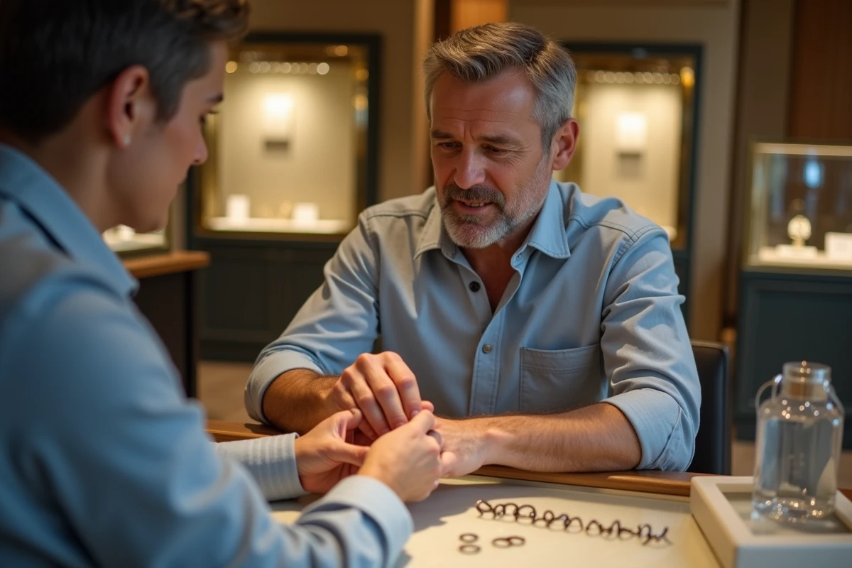 Homme faisant mesurer son doigt par un bijoutier