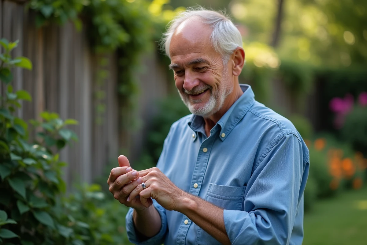 Homme d age moyen ajuste une bague dans un jardin verdoyant