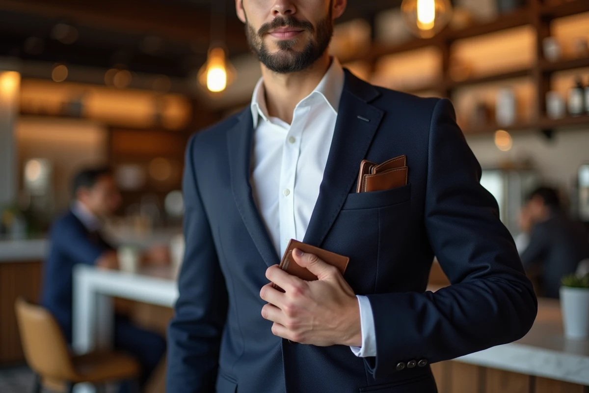 Homme élégant en blazer marine sortant un porte-cartes en cuir slim de sa poche intérieure dans un café moderne