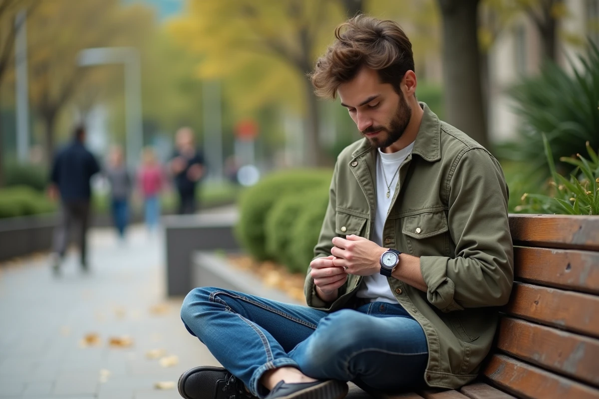 Jeune homme réparant un manteau vintage en plein air