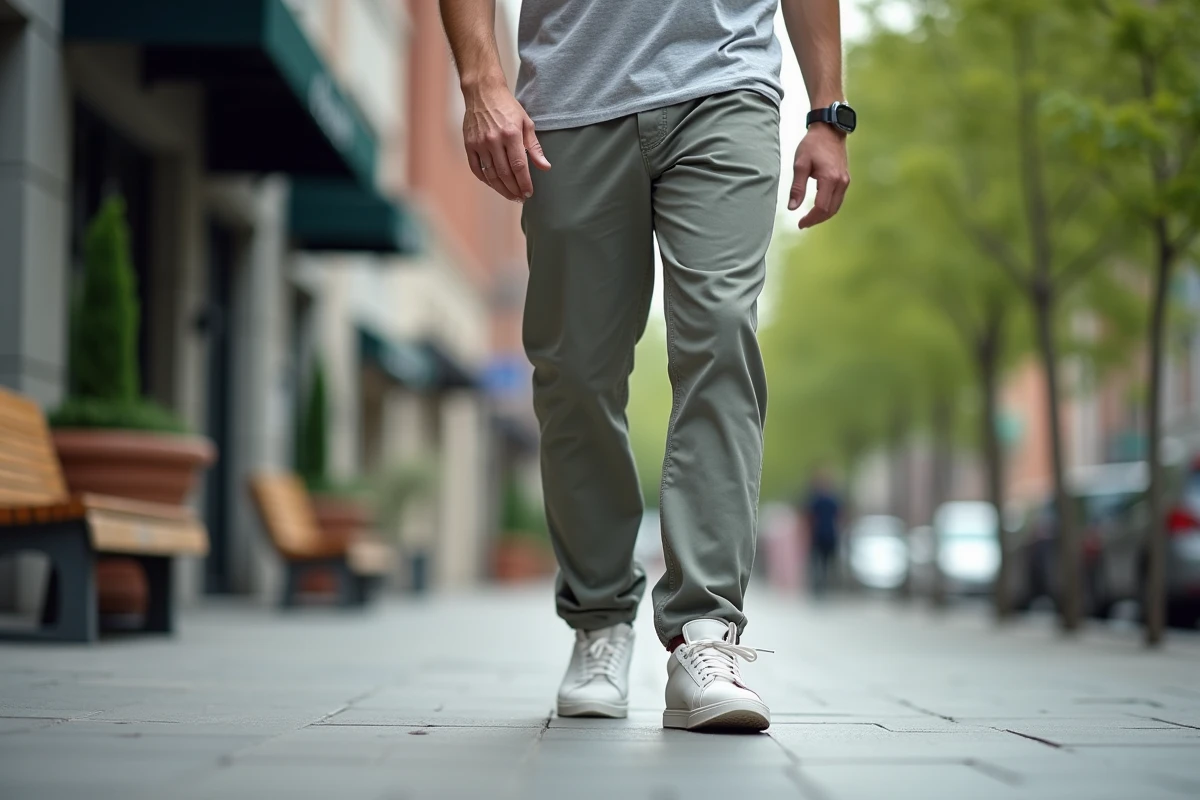 Homme marchant dans la ville en portant des sneakers confortables
