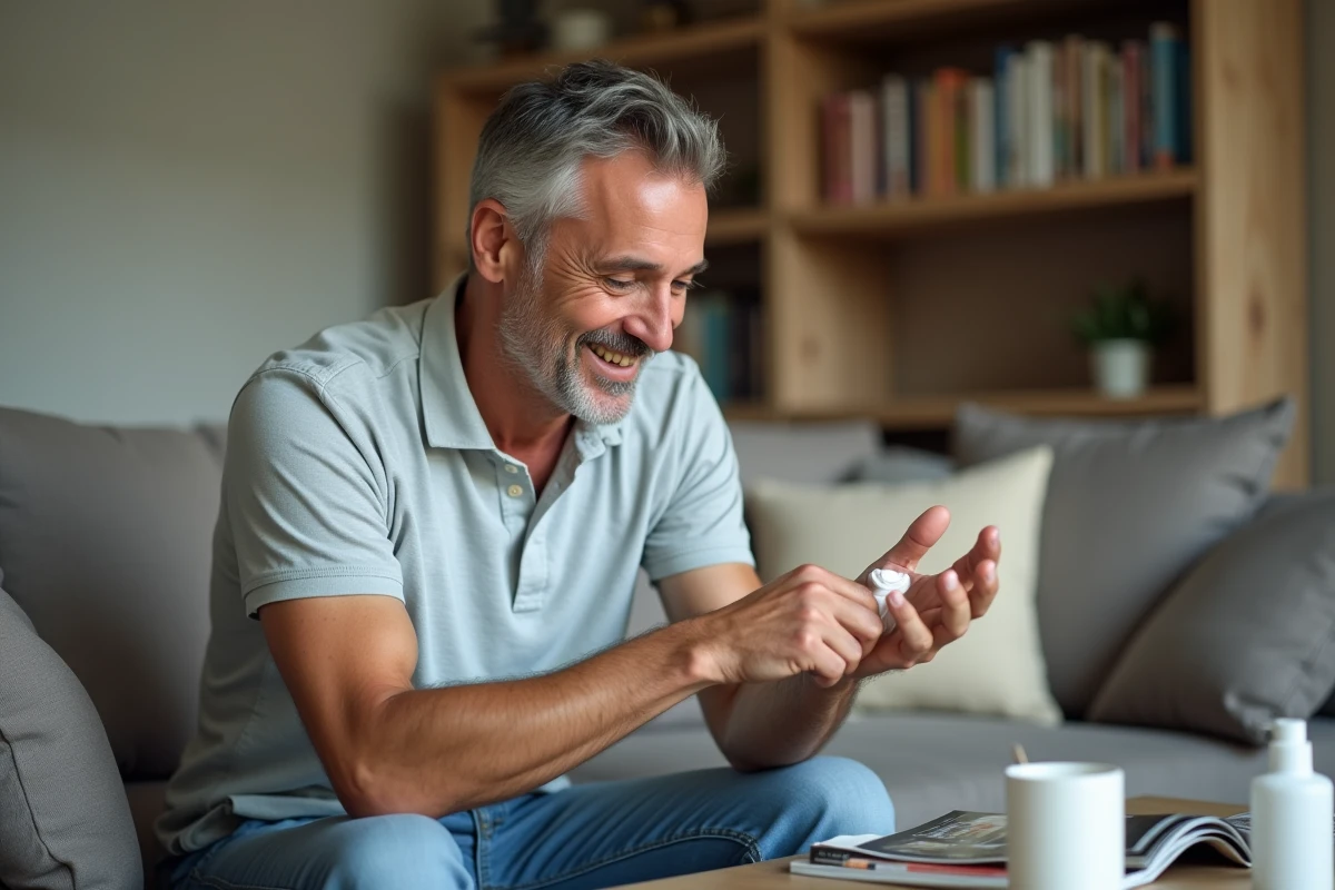 Homme examinant sa main apres soin dans un salon cosy