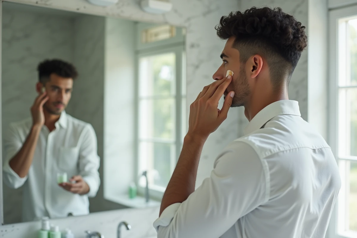 Homme appliquant soin visage dans salle de bain