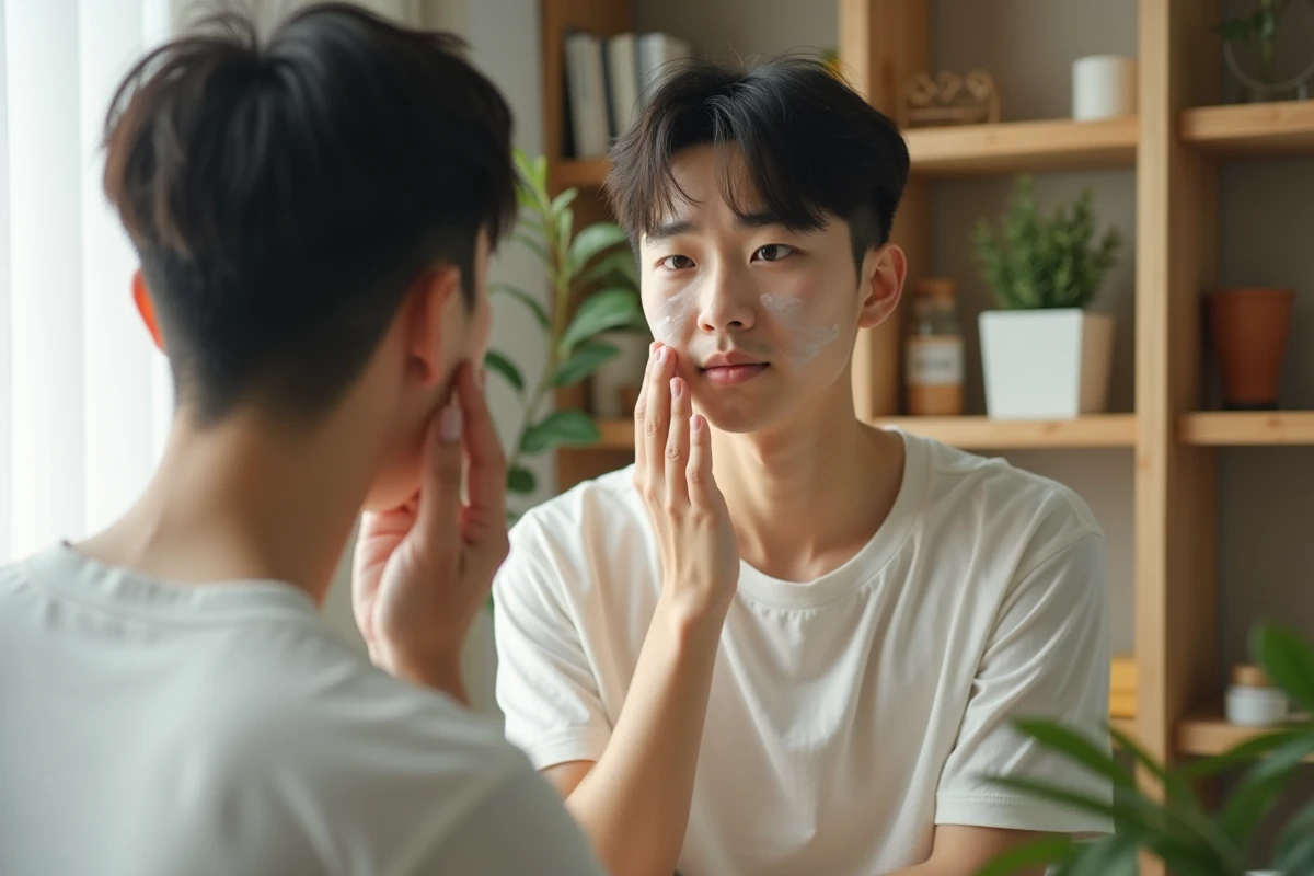 Jeune homme koreen appliquant une lotion dans un salon lumineux