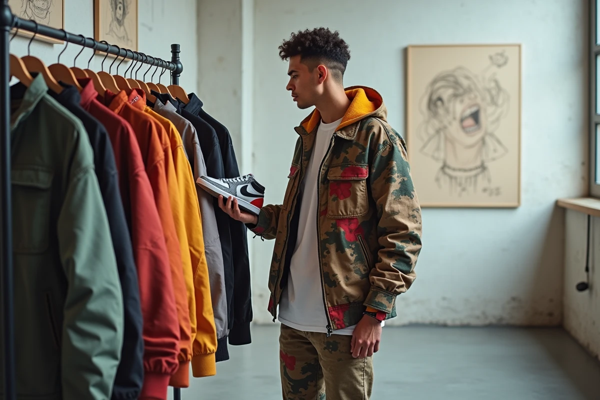 Homme en streetwear dans un studio minimaliste