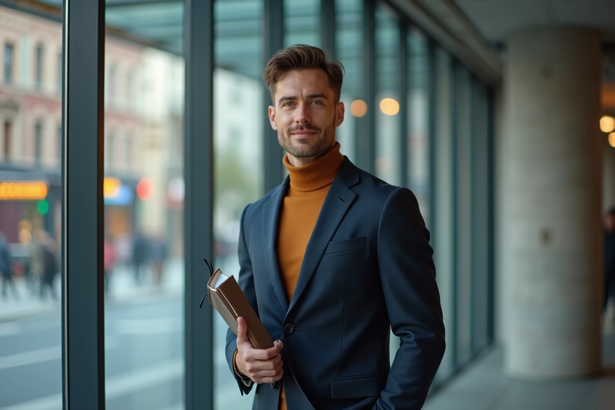 Homme en costume dans un espace de travail moderne