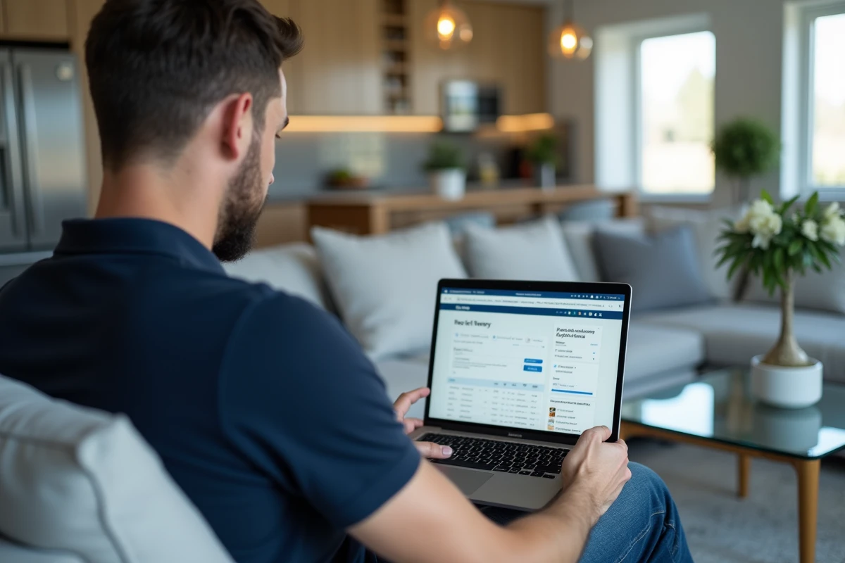Homme utilisant un ordinateur portable pour suivre un colis Shein sur un site de tracking en ligne