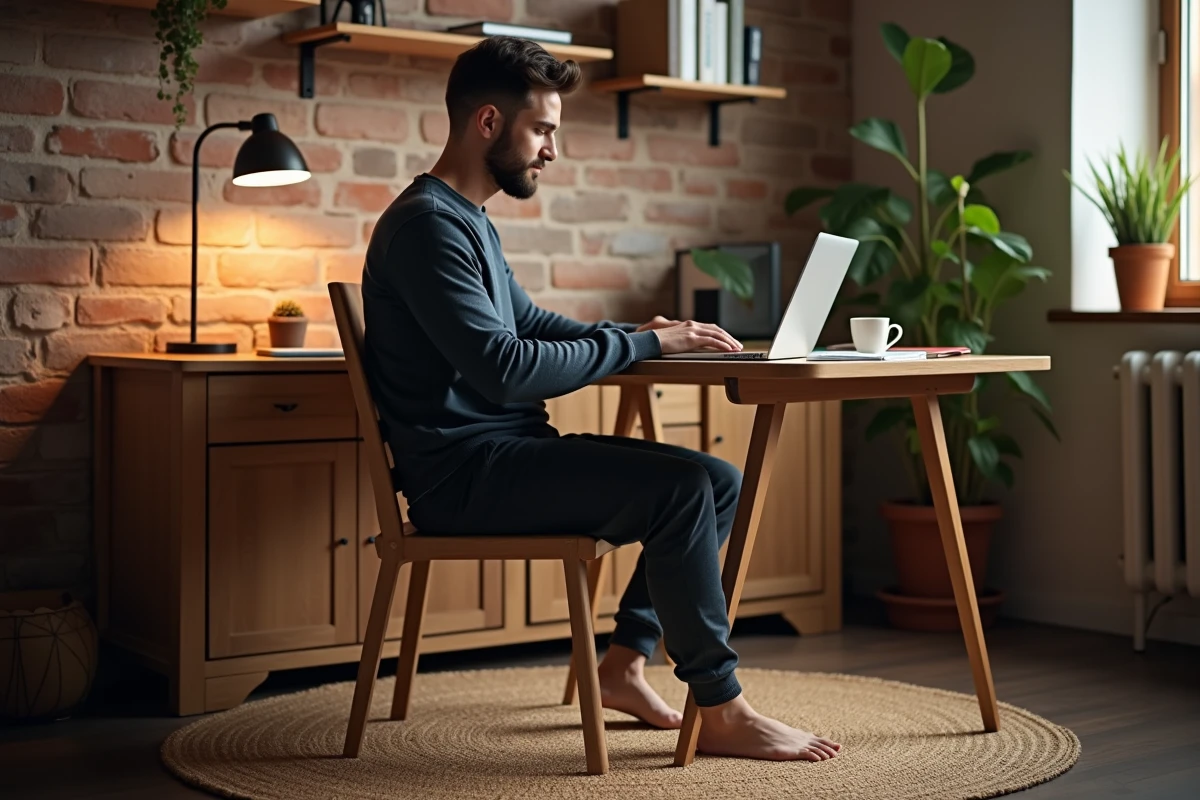 Homme en télétravail assis à un bureau en bois avec les pieds nus sur un tapis, illustrant une activité de revenu complémentaire anonyme en ligne