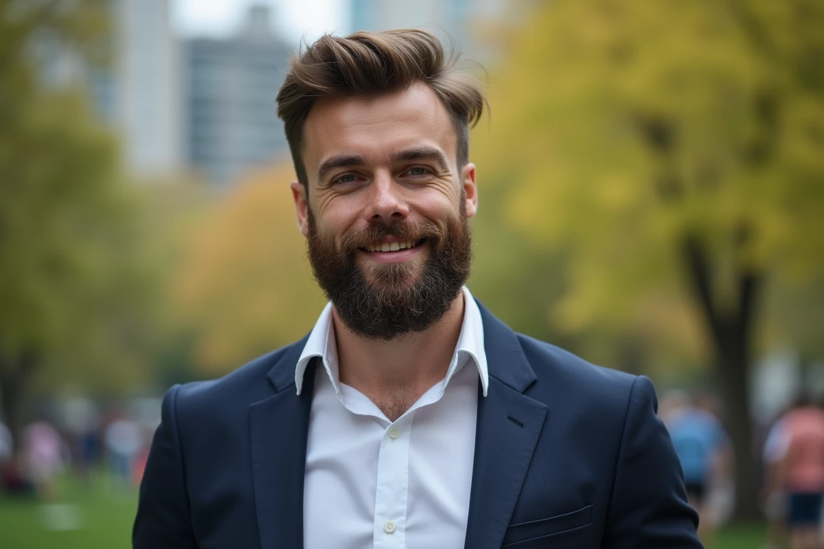 Homme élégant en portrait urbain avec barbe et blazer